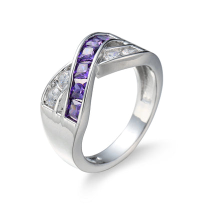 Purple Crystal and Cubic Zirconia Princess-Cut Crisscross Ring, statement rings for women, side view