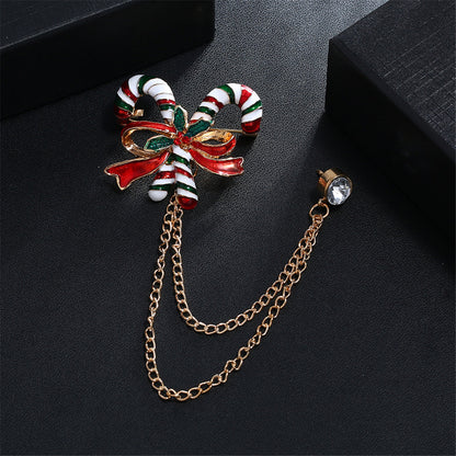 Cubic Zirconia and Enamel 18K Gold-Plated Candy Cane Layered Chain Brooch, gold brooch pin, detail close-up