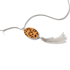 Tan Polyurethane & Silver-Plated Leopard Oval Tassel Pendant Necklace