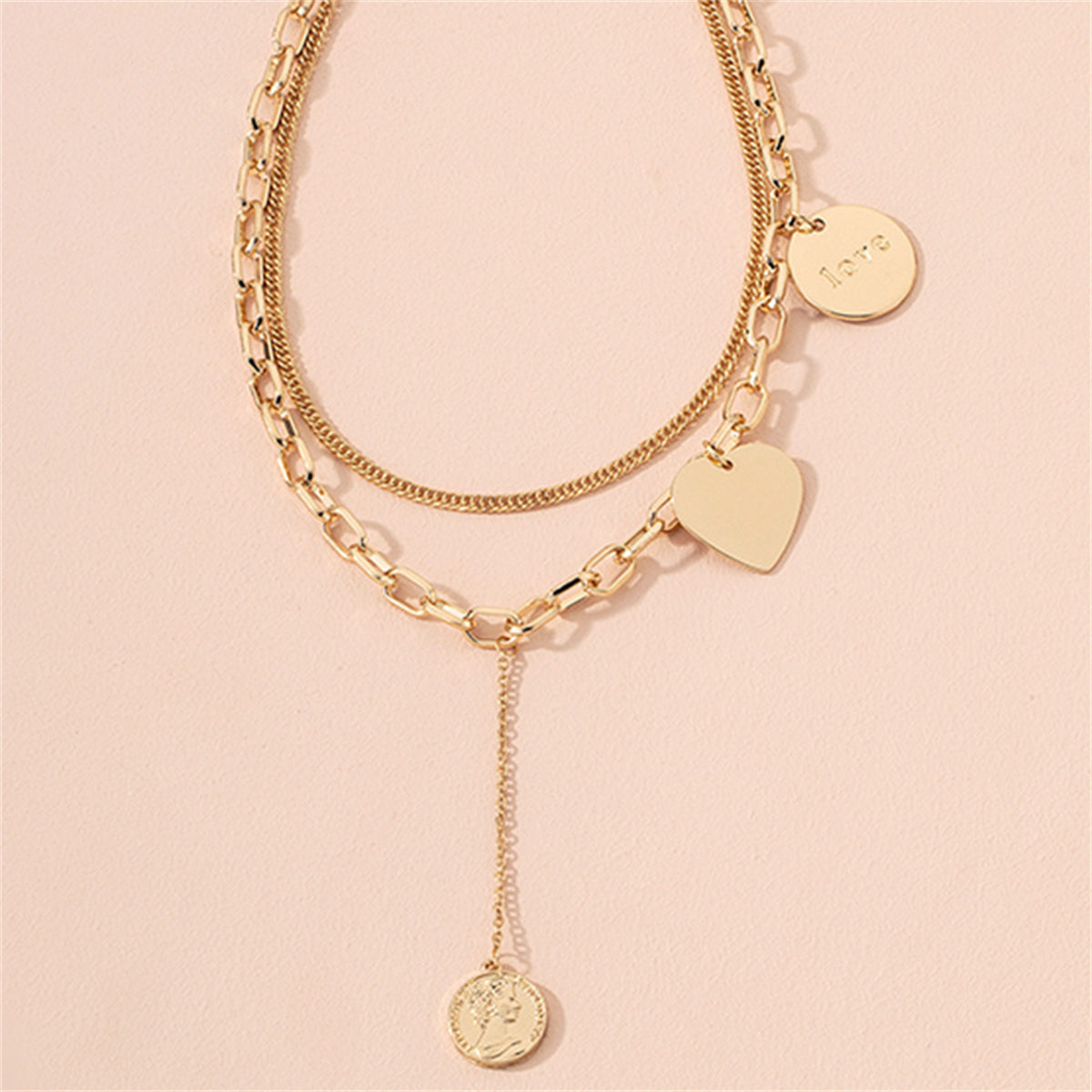 18K Gold-Plated Heart Coin Layered Pendant Necklace