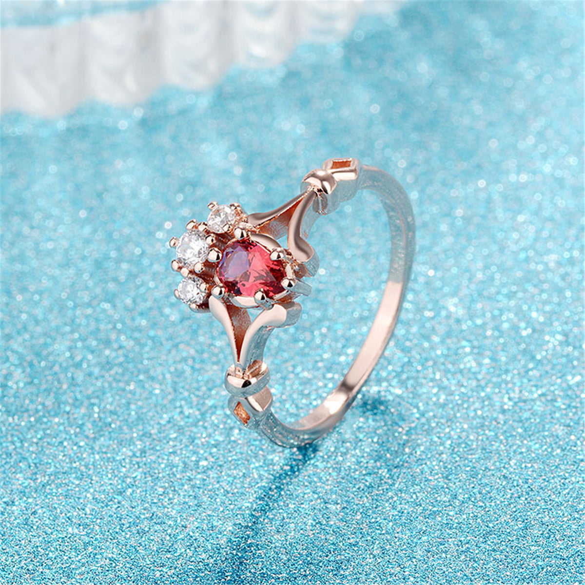 Red Crystal and Cubic Zirconia Crown Ring, statement rings for women, botanical inspired, lifestyle look