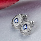 Navy Crystal & Silver-Plated Filigree Pear-Cut Stud Earrings