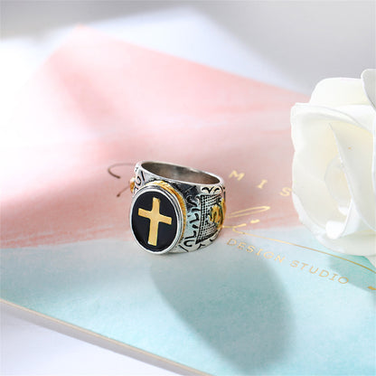 Black and Two-Tone Engraved Cross Band, statement rings for women, everyday style, lifestyle look