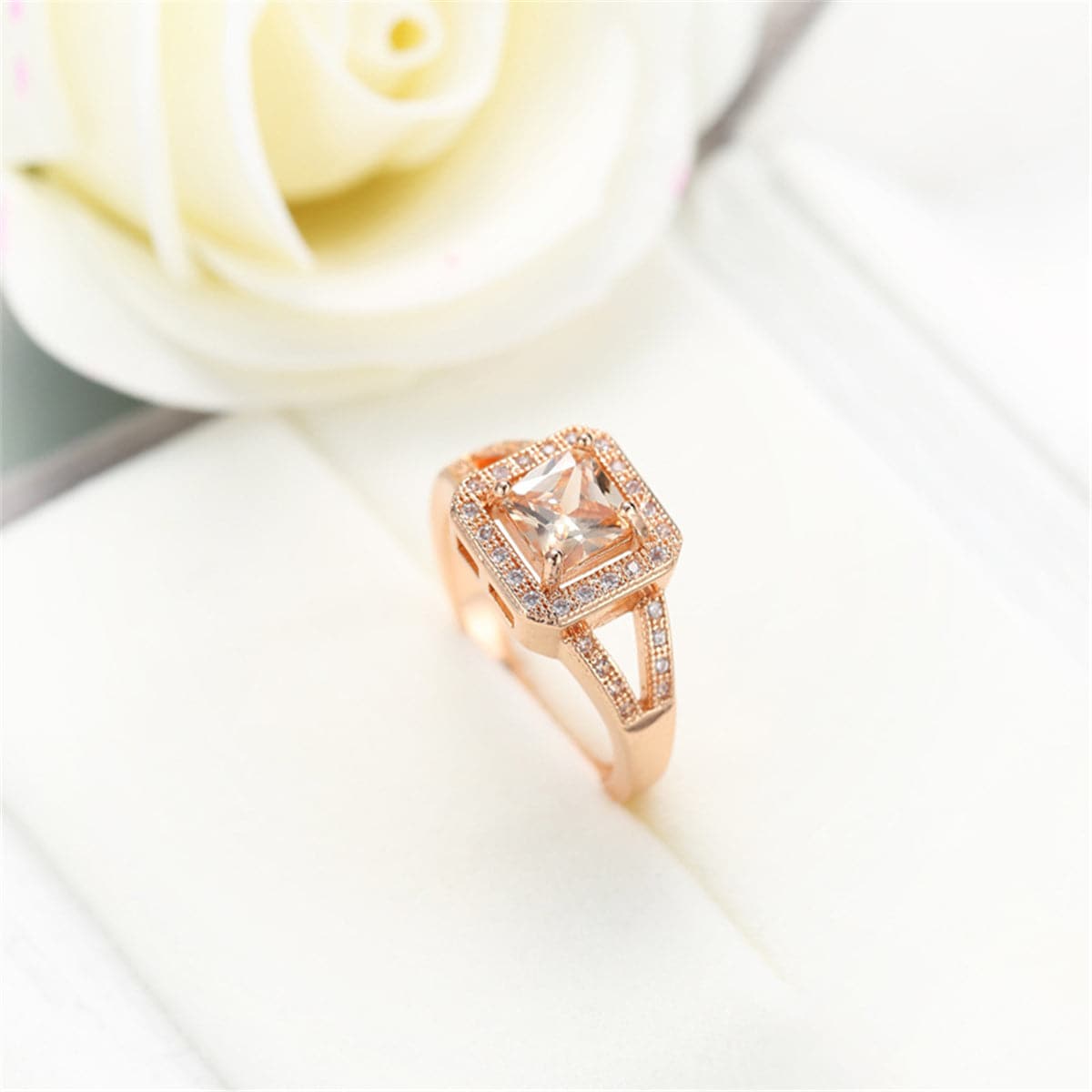 Cubic Zirconia and Crystal Princess-Cut Halo Ring, statement rings for women, dainty minimalist design, front view