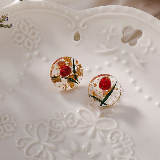 Red Flower and Silver-Plated Stud Earrings, silver stud earrings for women, elegant gift for her, front view