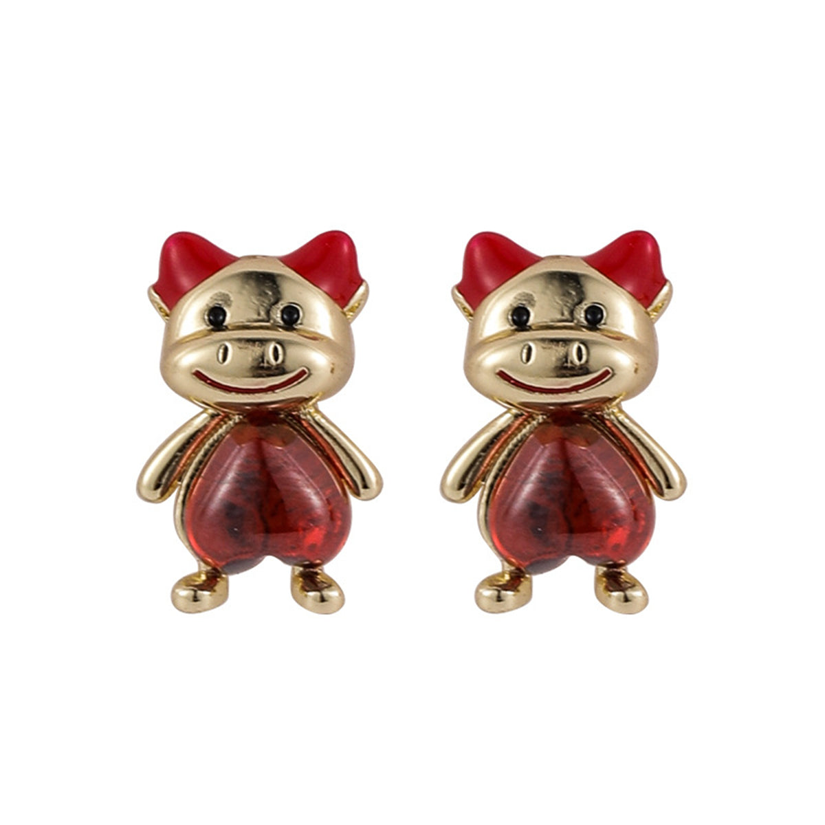 Red Crystal and 18K Gold-Plated Heart Cattle Stud Earrings, gold stud earrings for women, vintage-inspired design, side view