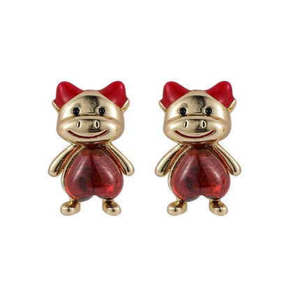 Red Crystal and 18K Gold-Plated Heart Cattle Stud Earrings, gold stud earrings for women, vintage-inspired design, side view