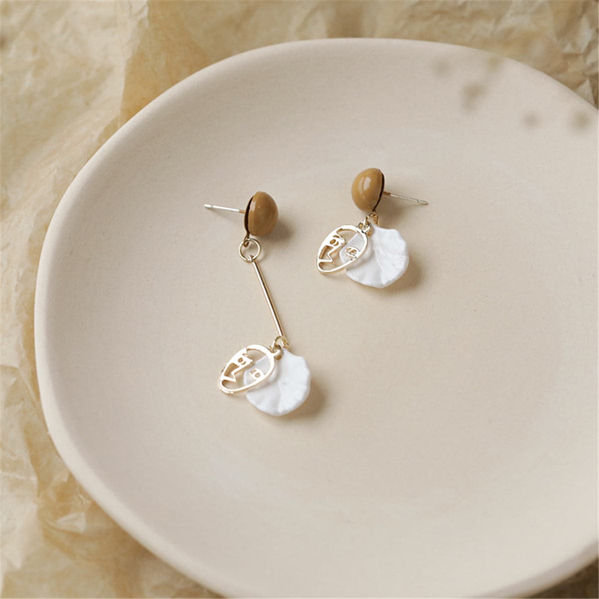 Taupe Acrylic and Shell Face Asymmetrical Drop Earrings, drop earrings for women, everyday style, styled look