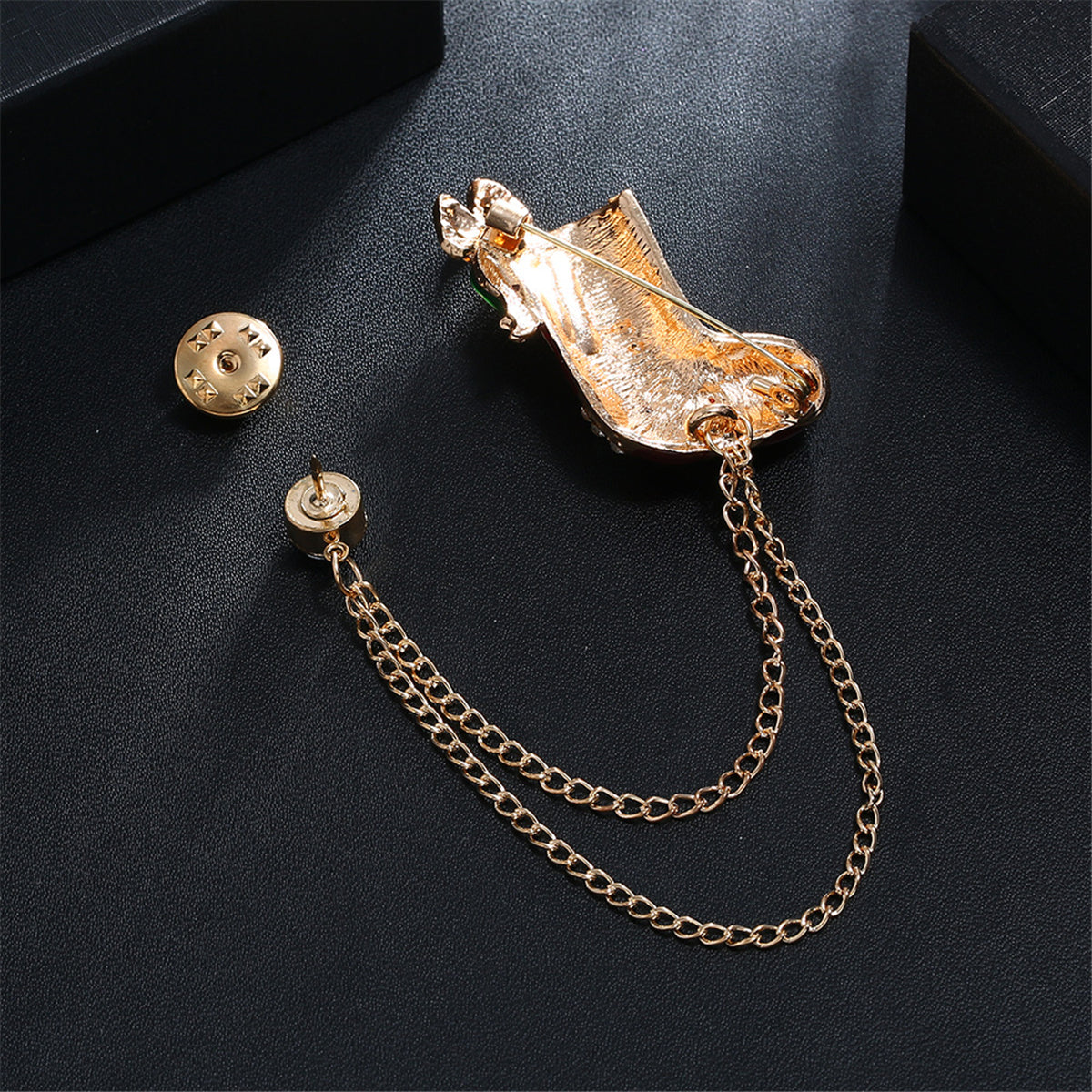 Red Enamel and Cubic Zirconia 18K Gold-Plated Stocking Boot Chain Brooch, gold brooch pin, detail close-up
