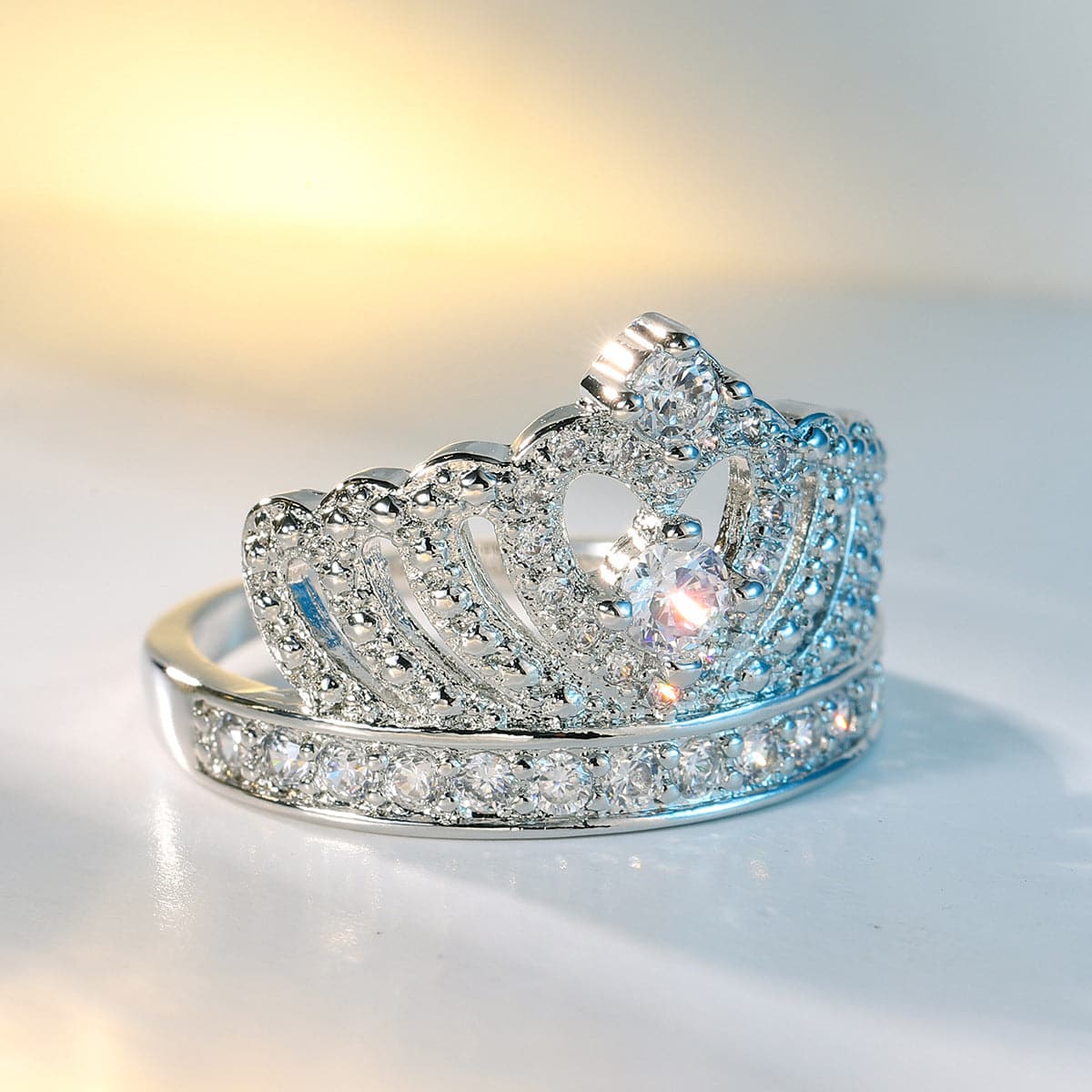 Cubic Zirconia and Silver-Plated Crown Band Ring, jewelry gift sets for women, elegant gift for her, detail close-up