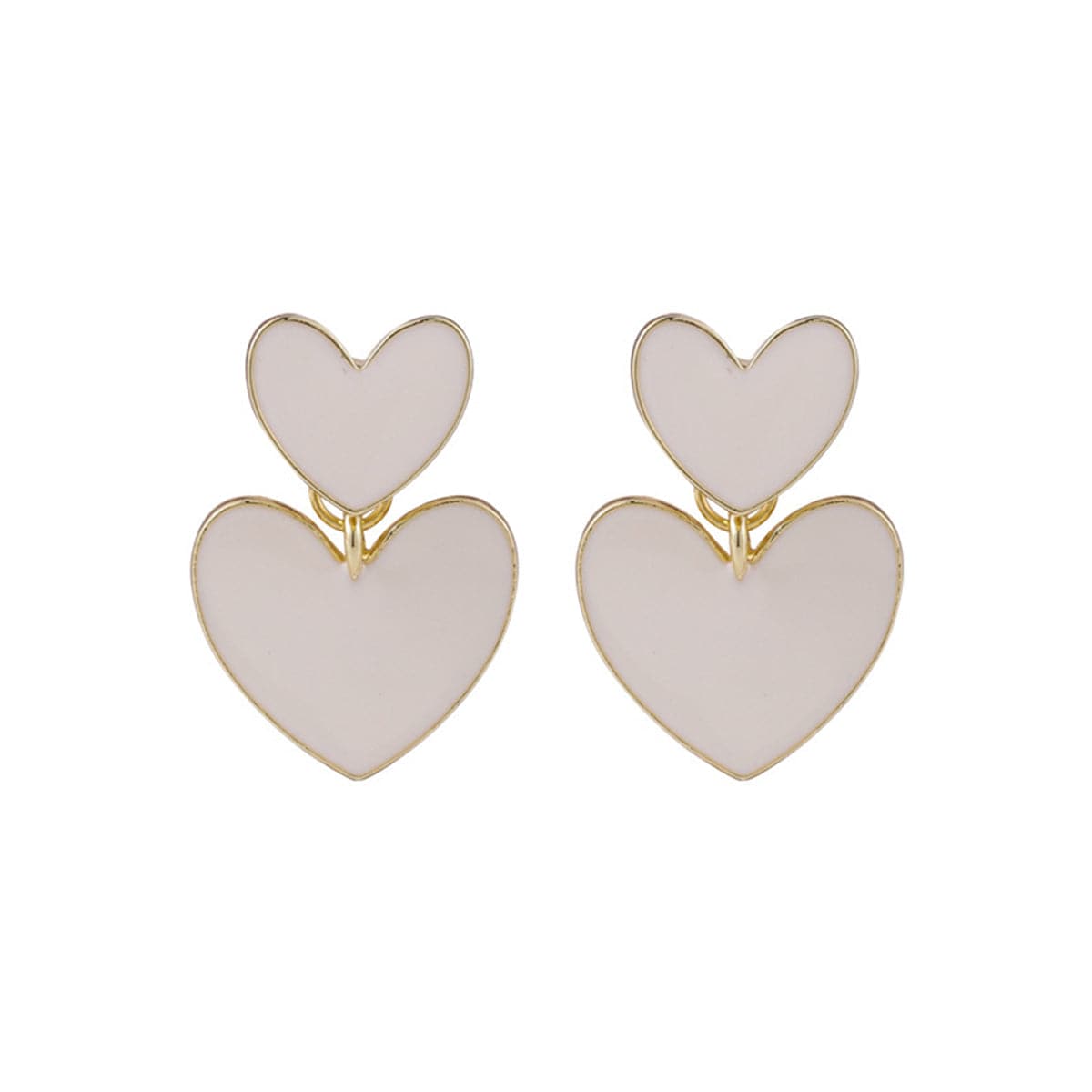 White Enamel and 18K Gold-Plated Double Heart Drop Earrings, gold drop earrings for women, vintage-inspired design, side view