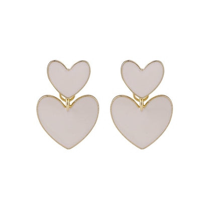 White Enamel and 18K Gold-Plated Double Heart Drop Earrings, gold drop earrings for women, vintage-inspired design, side view