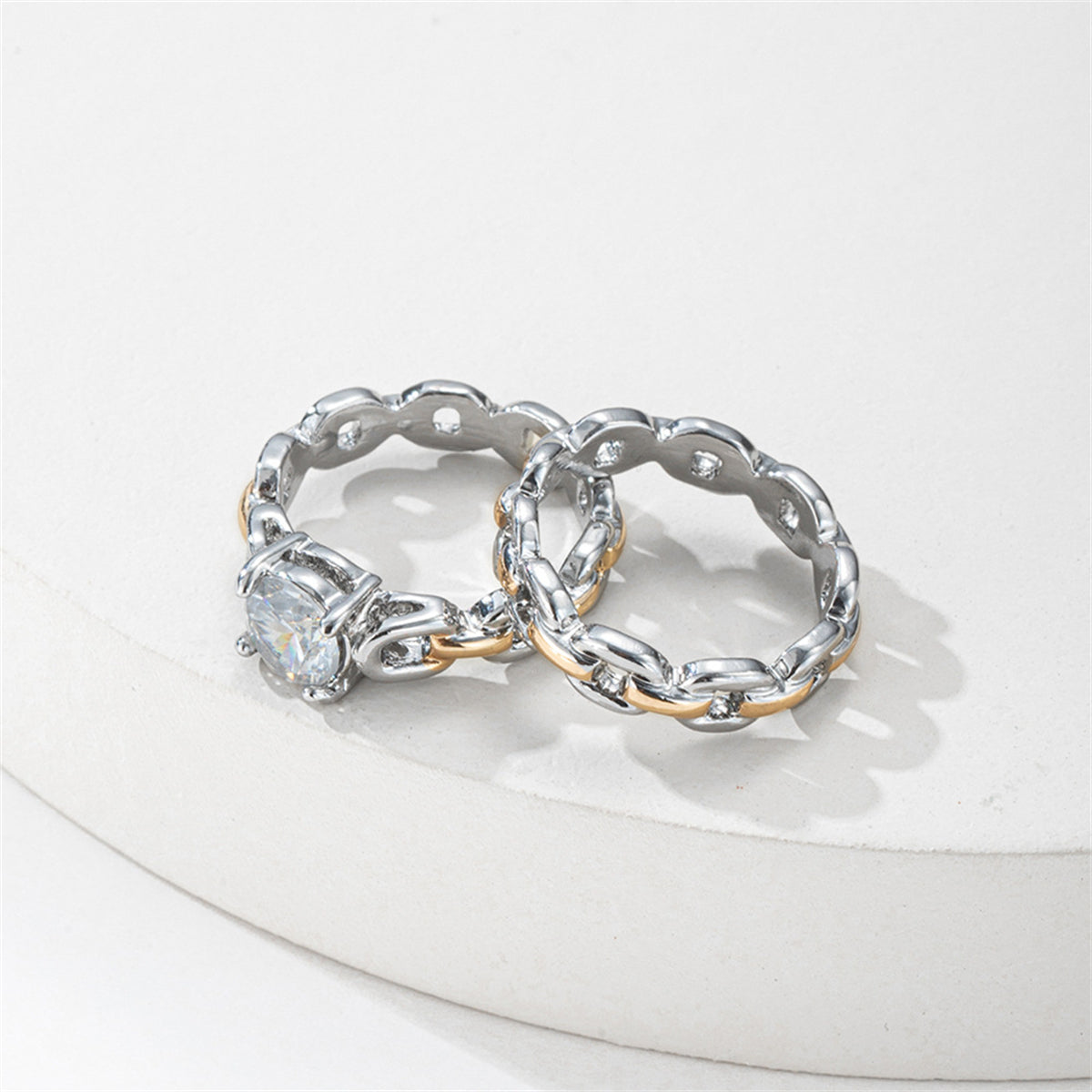 Crystal and Two-Tone Chain Ring Set, jewelry gift sets for women, dainty minimalist design, lifestyle look