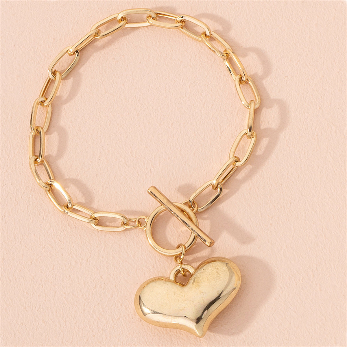 18K Gold-Plated Heart Pendant Toggle Bracelet, gold bracelet for women, everyday style, side view