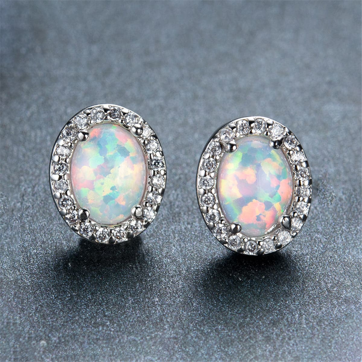Opal & Cubic Zirconia Oval Halo Stud Earrings