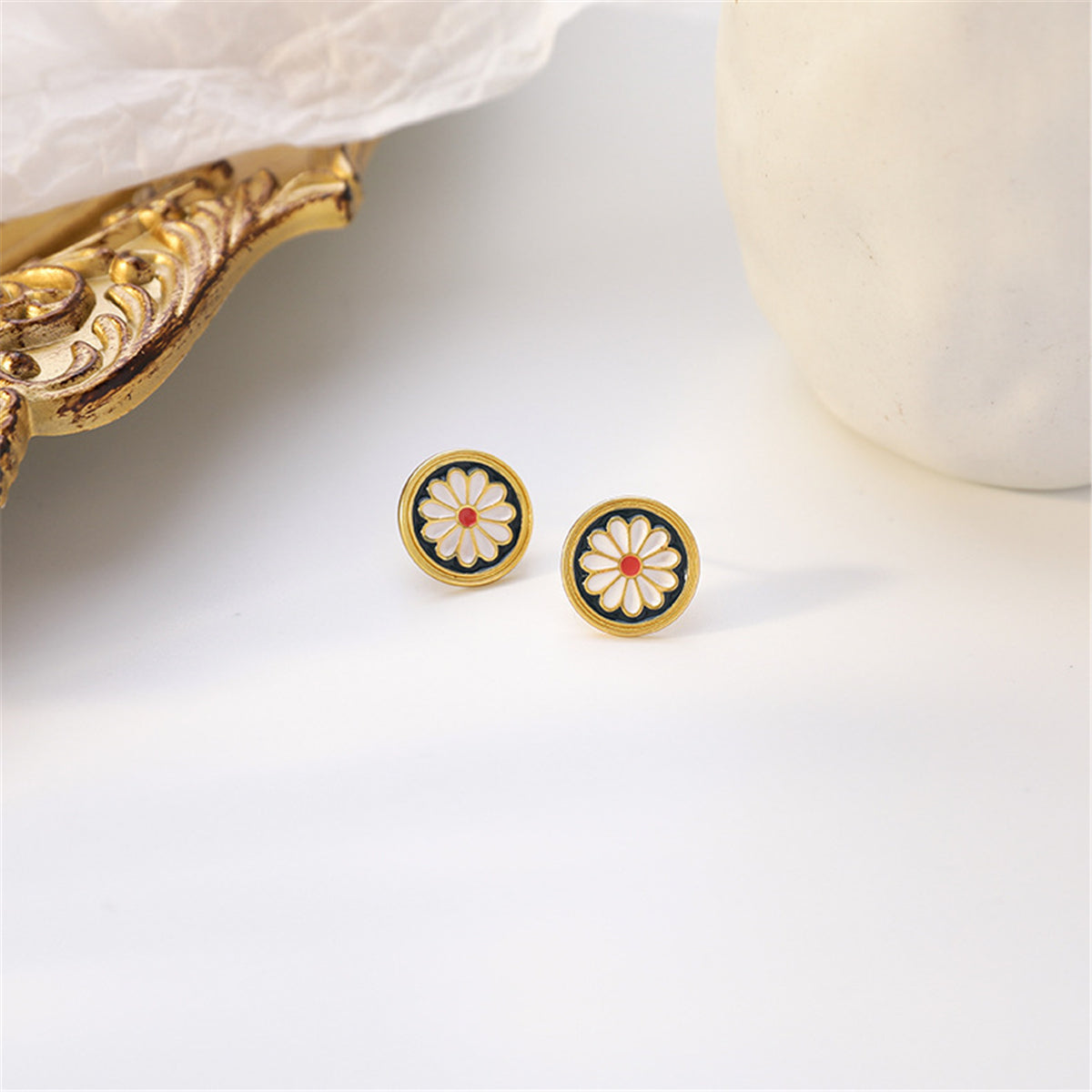 Black Enamel and 18K Gold-Plated Mum Round Stud Earrings, gold stud earrings for women, detail close-up