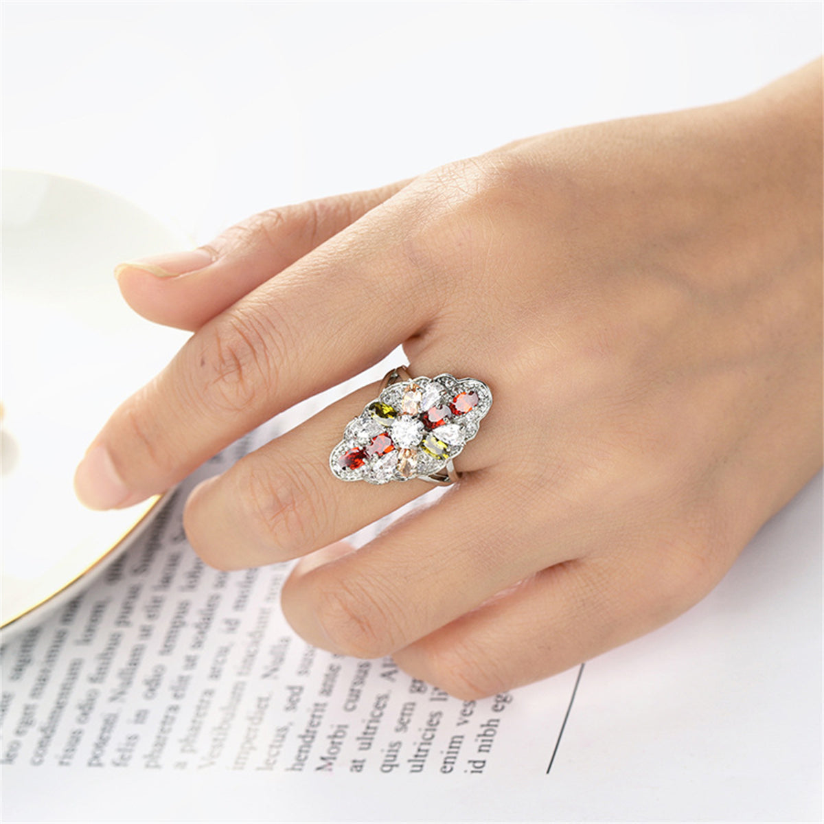 Red Multicolor Crystal and Silver-Plated Pear-Cut Pavé Statement Ring, jewelry gift sets for women, styled look