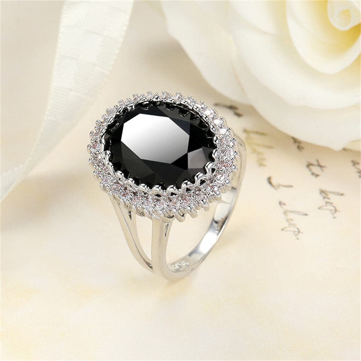 Black Crystal and Cubic Zirconia Oval Ring, statement rings for women, dainty minimalist design, detail close-up