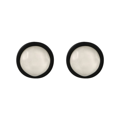 Black Acrylic and Resin Silver-Plated Round Stud Earring, silver stud earrings for women, everyday style, front view