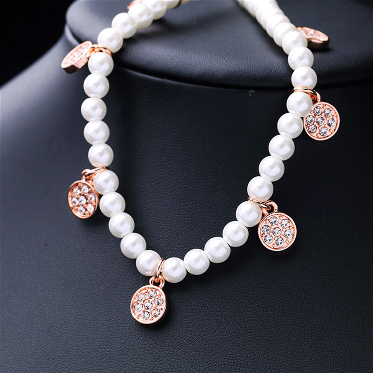 Cubic Zirconia and Pearl Station Necklace, pendant necklace for women, botanical inspired, front view