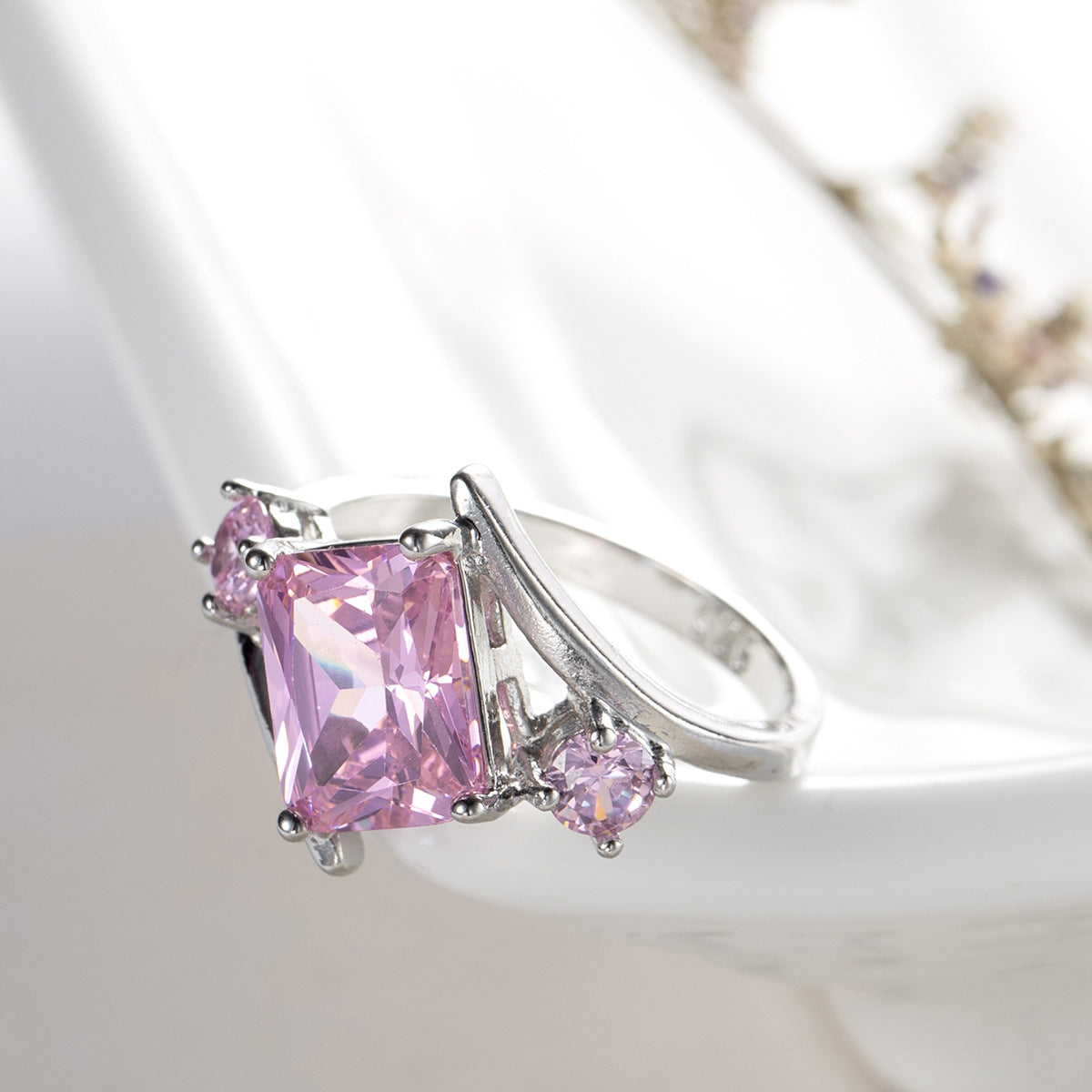 Pink Crystal and Cubic Zirconia Curve Princess-Cut Ring, statement rings for women, botanical inspired, lifestyle look