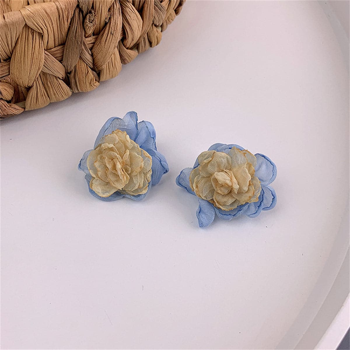 Beige & Blue Chiffon Flower Stud Earrings