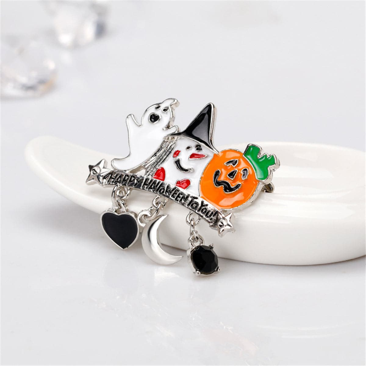 Cubic Zirconia & Enamel 'Happy Halloween' Pendant Brooch