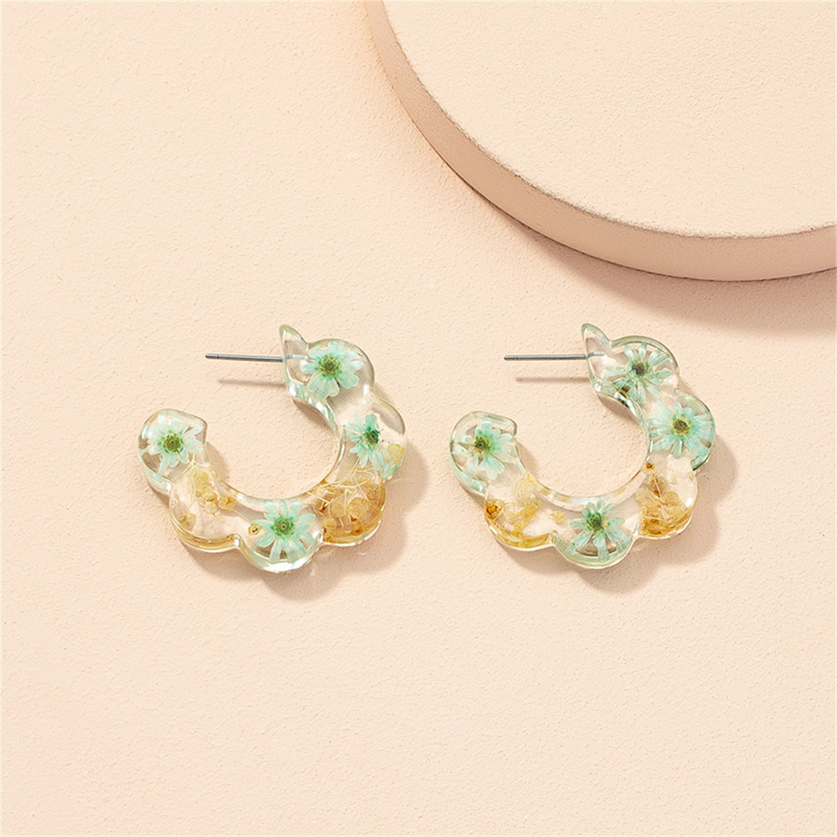 Pressed Flower & Silver-Plated Flower Huggie Earrings