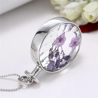 Purple Peach Flower and Silver-Plated Round Pendant Necklace, silver pendant necklace for women, detail close-up
