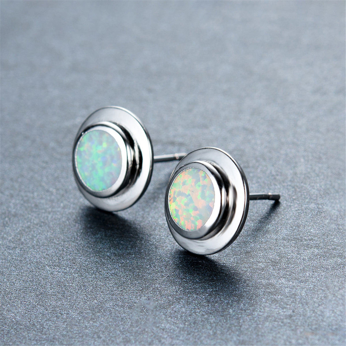 White Opal Round Bezel Stud Earrings