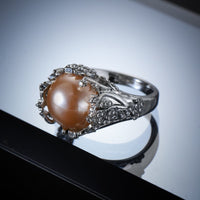 Champagne Imitation Pearl & Cubic Zirconia Floral Botany Ring