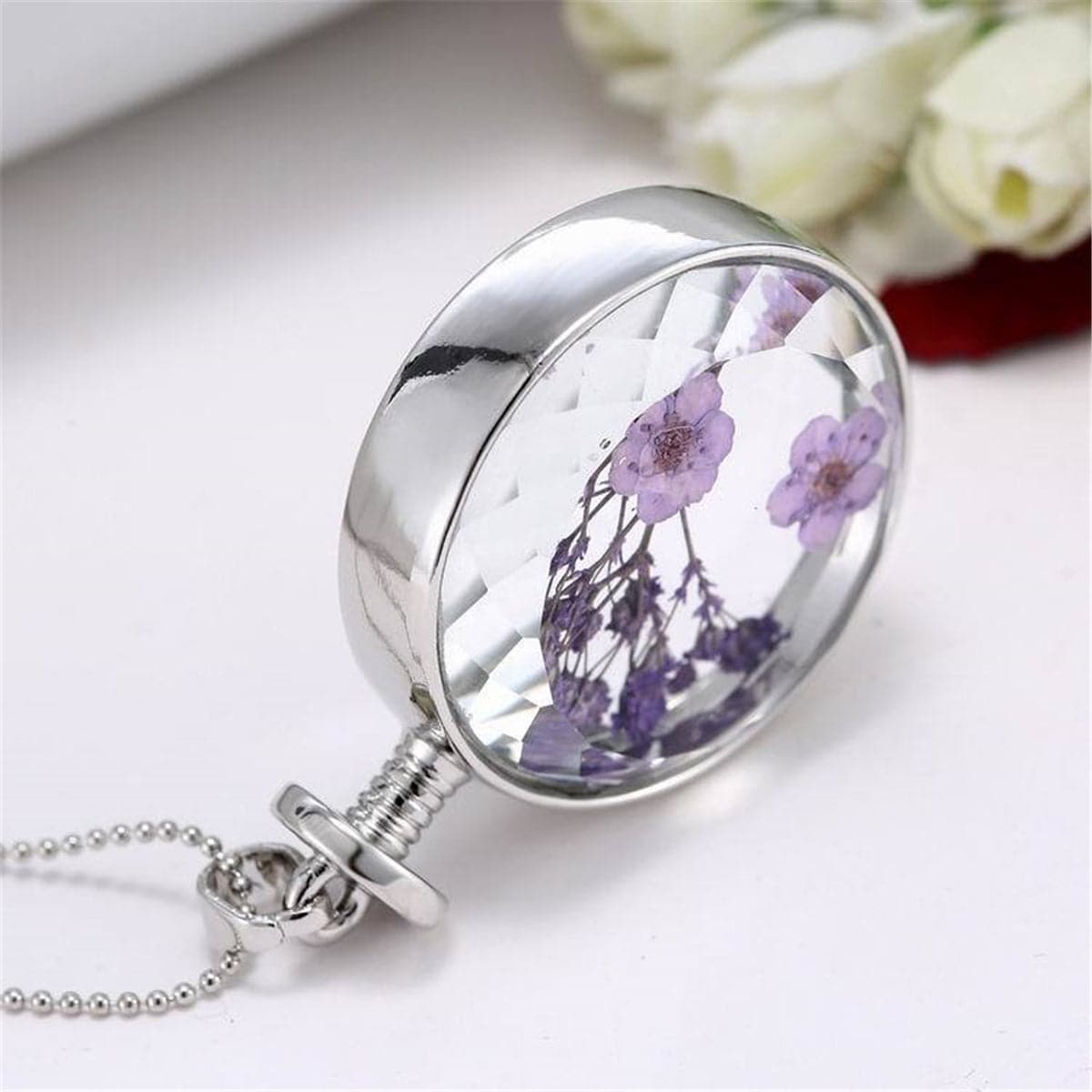 Purple Peach Blossom and Silver-Plated Round Pendant Necklace, silver pendant necklace for women, styled look