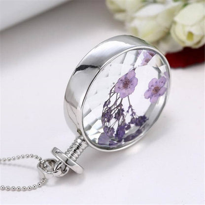 Purple Peach Blossom and Silver-Plated Round Pendant Necklace, silver pendant necklace for women, styled look