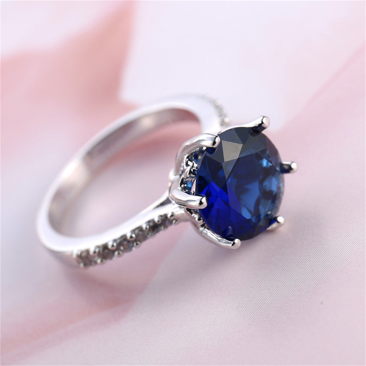 Blue Crystal and Cubic Zirconia Pavé Round-Cut Ring, statement rings for women, vintage-inspired design, front view