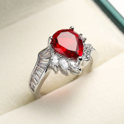 Red Crystal and Cubic Zirconia Pear Asymmetrical Ring, statement rings for women, elegant gift for her, lifestyle look
