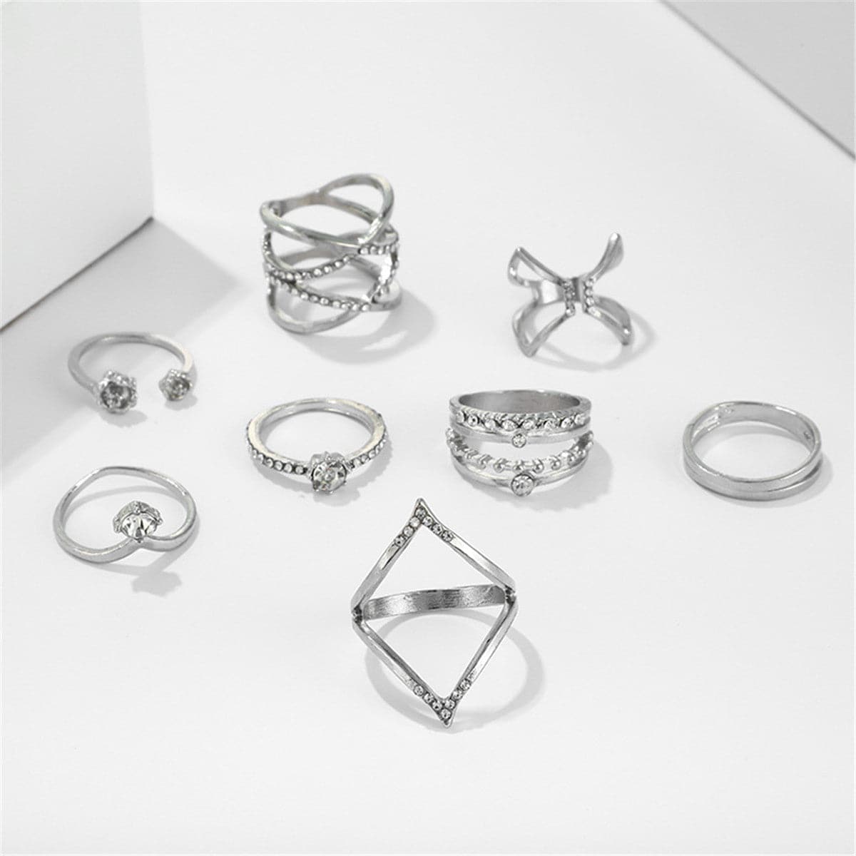 Cubic Zirconia & Silver-Plated Geometric Ring Set