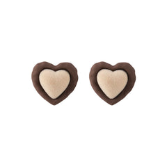 Coffee Enamel & Beige Heart Stud Earrings