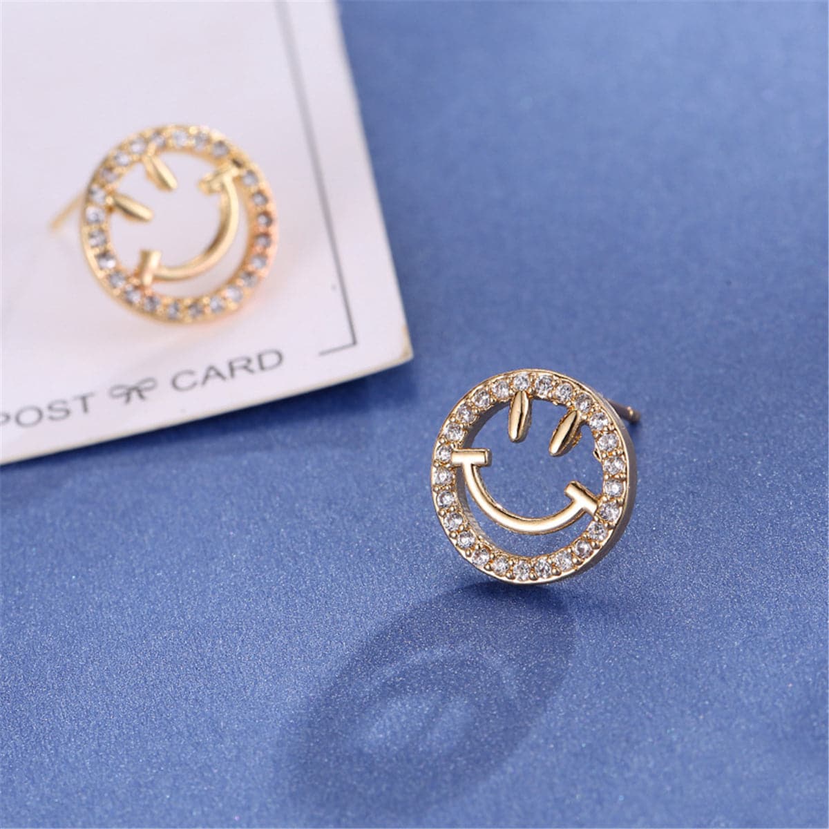 cubic zirconia & 18K Gold-Plated Smiley Face Stud Earrings - streetregion