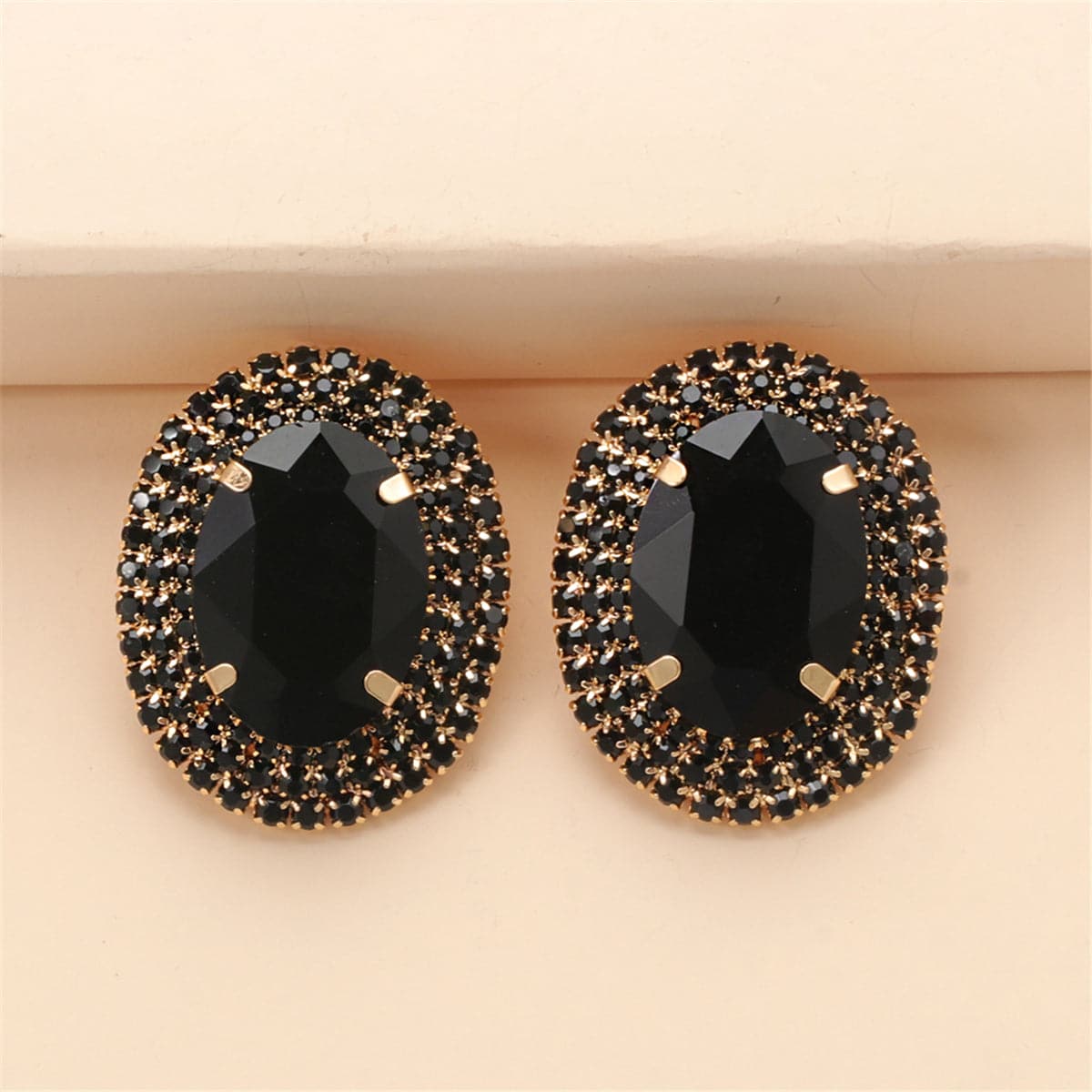 Black Crystal & Cubic Zirconia 18K Gold-Plated Oval Stud Earrings