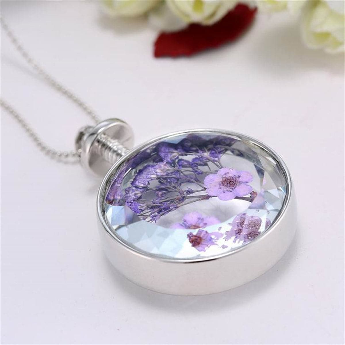 Purple Peach Blossom and Silver-Plated Round Pendant Necklace, silver pendant necklace for women, side view