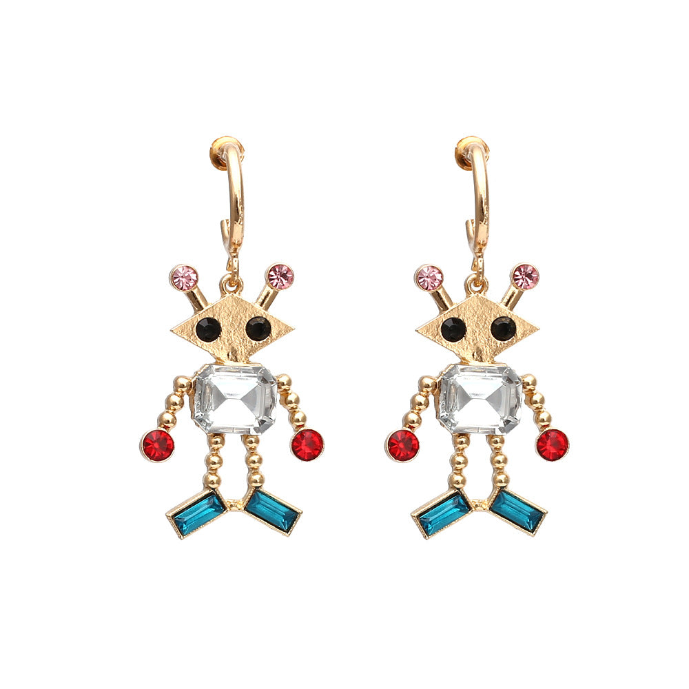Crystal & Red Cubic Zirconia Robot Drop Earrings