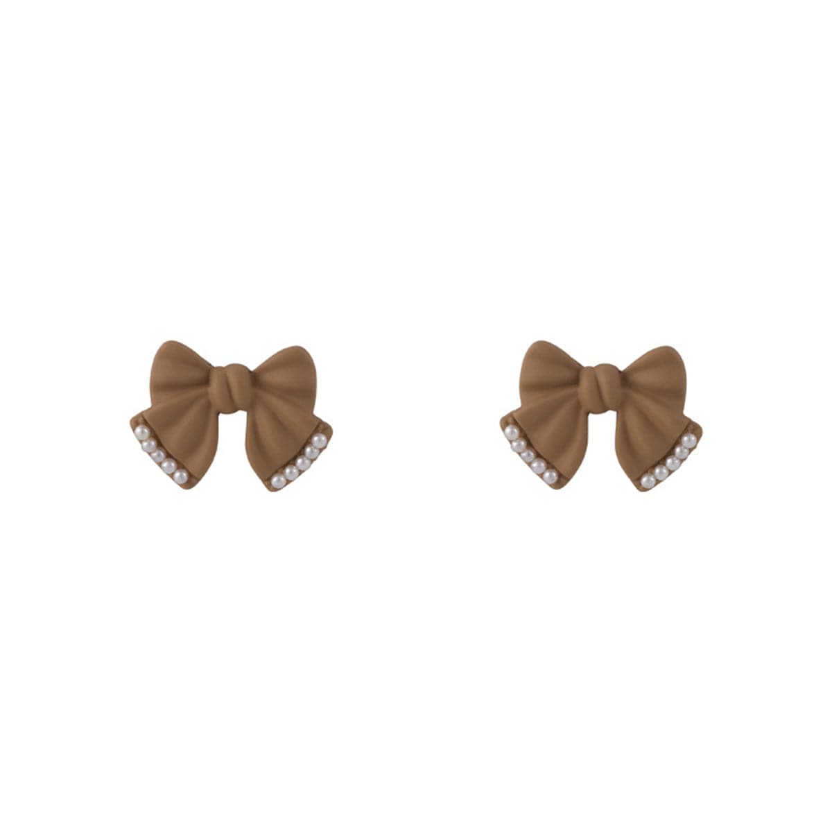 Pearl & Coffee Enamel Bow Stud Earrings