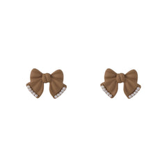 Pearl & Coffee Enamel Bow Stud Earrings