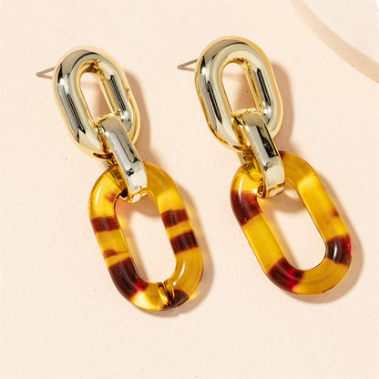 Brown Resin and 18K Gold-Plated Chain Link Drop Earrings, gold drop earrings for women, detail close-up