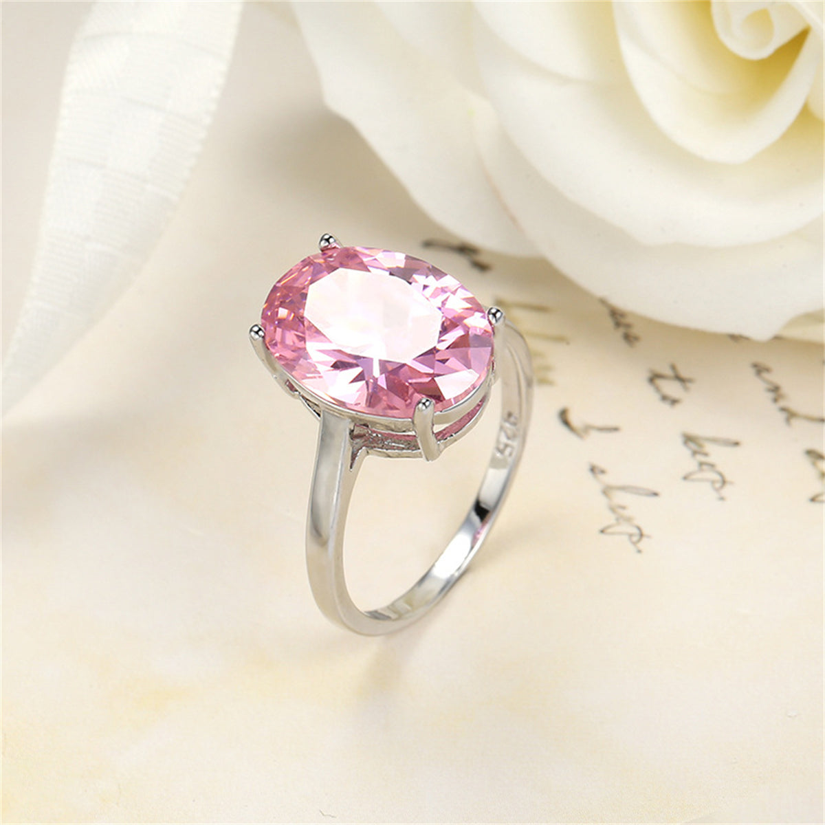 Pink Crystal and Silver-Plated Oval-Cut Ring, silver statement rings for women, dainty minimalist design, detail close-up