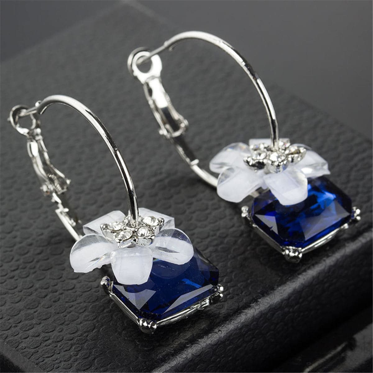 Cubic Zirconia & Blue Crystal Flower Hoop Earrings