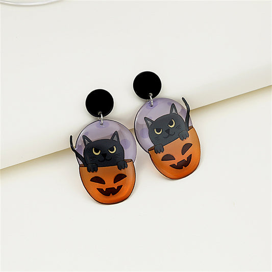 Purple and Black Cat Pumpkin Drop Earrings, drop earrings for women, dainty minimalist design, front view