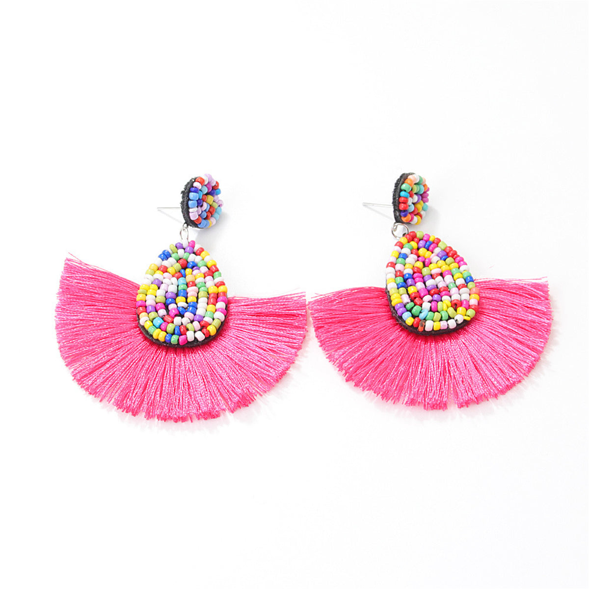 Rose and White Beaded Tassel Drop Earrings, drop earrings for women, botanical inspired, side view