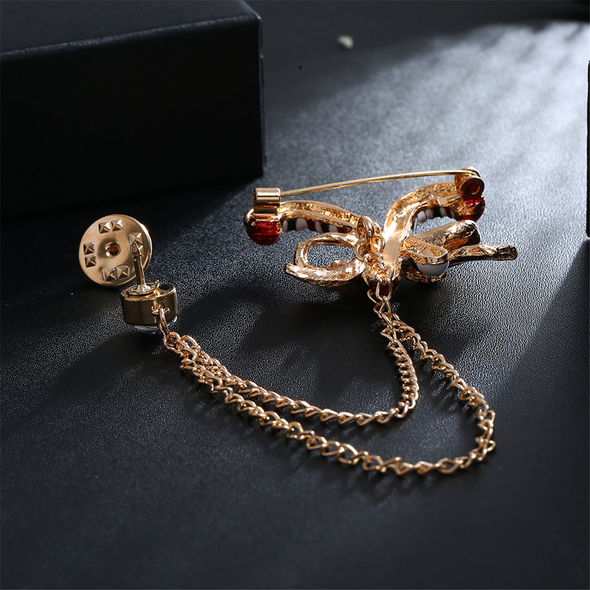Cubic Zirconia and Enamel 18K Gold-Plated Candy Cane Layered Chain Brooch, gold brooch pin, lifestyle look