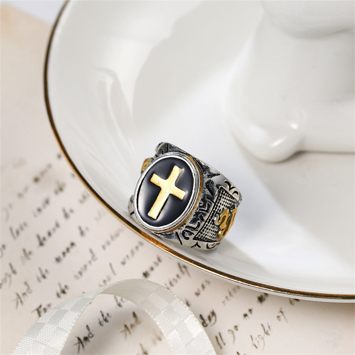 Black and Two-Tone Engraved Cross Band, statement rings for women, everyday style, styled look